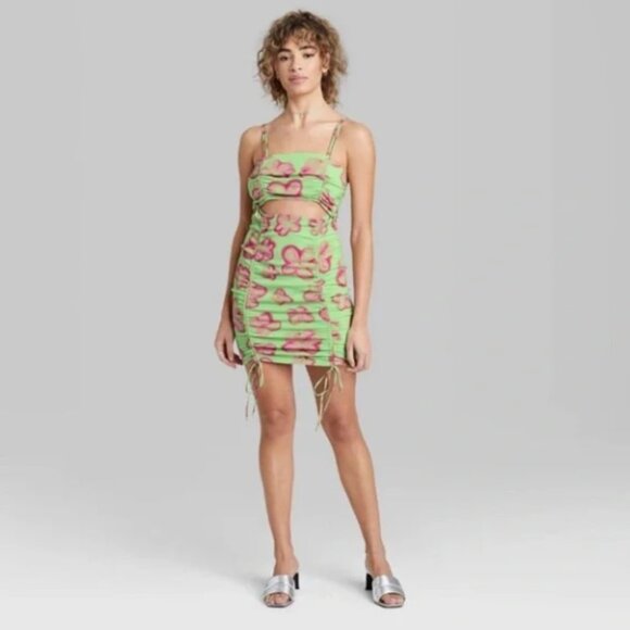 Wild Fable Mint Green Floral Sleeveless Cut Out Ruched Front Bodycon Dress | NWT - Picture 3 of 5